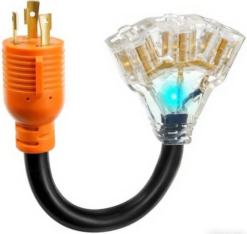 NVKABVY 30 Amp to 110 Adapter RV Cord, 30 Amp to 15 Amp / 20 Amp Adapter, L5-30P Male to 3X 5-15R/5-20R T-Blade Household Outlet Female with Lighted Power Indicator UL Listed (L5-30P to 3X5-15R/5-20R) - Image 1